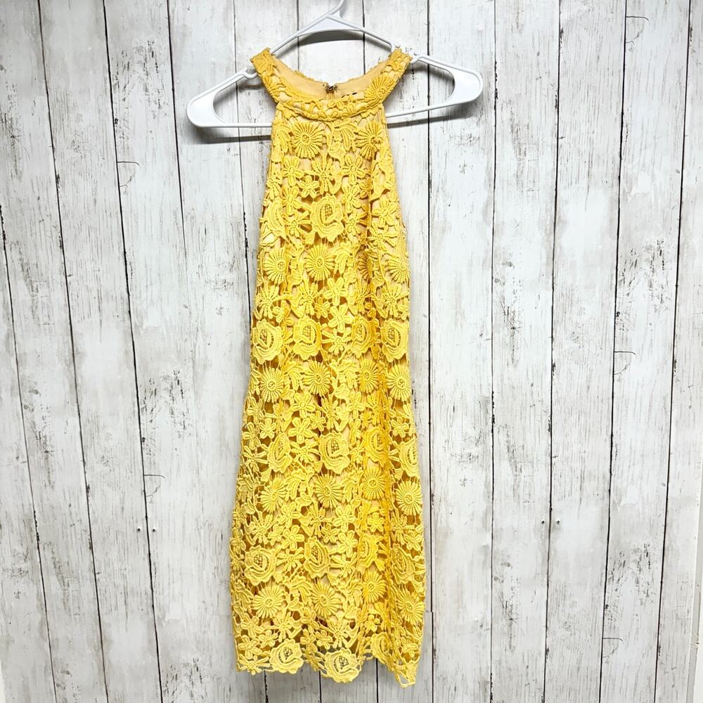 Lulus Dress‎ Women Medium Love Poem Canary Yellow Lace Overlay Sleeveless Mini